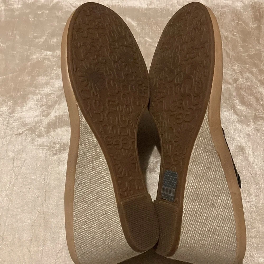 UGG Solena Black Leather Perforated Wedge Thong Sandals